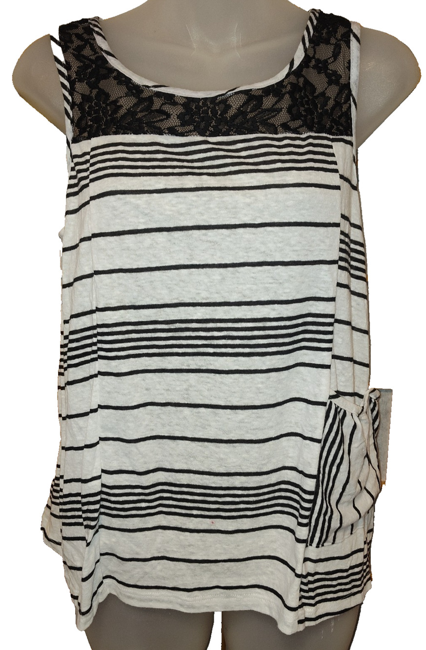 Paper Crane Women’s White Black Striped Sleeveless Lace Detail Top Size M BG24